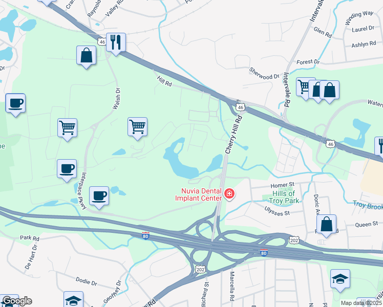 map of restaurants, bars, coffee shops, grocery stores, and more near 11-21 Upper Pond Road in Parsippany-Troy Hills