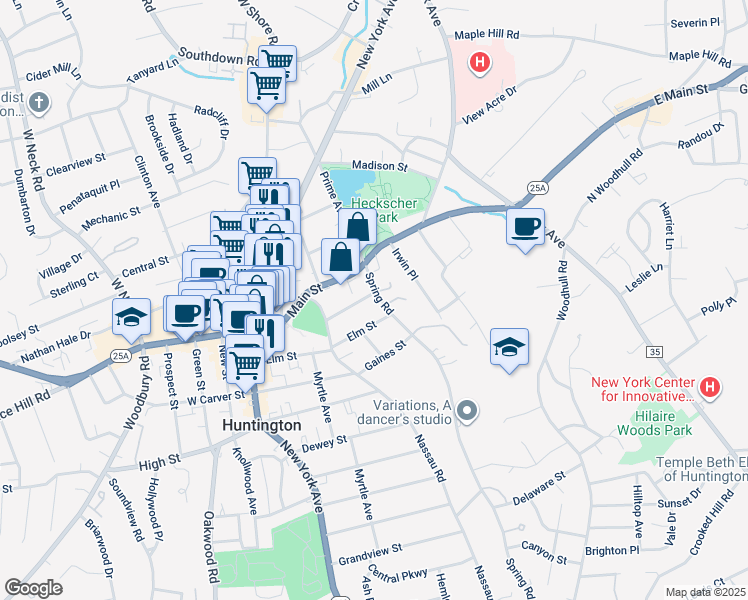 map of restaurants, bars, coffee shops, grocery stores, and more near 37 Spring Road in Huntington