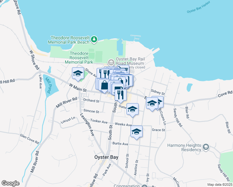 map of restaurants, bars, coffee shops, grocery stores, and more near 17 West Main Street in Oyster Bay