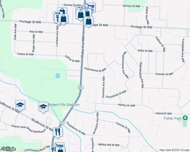 map of restaurants, bars, coffee shops, grocery stores, and more near 6926 Mapleridge Circle Northwest in Canton