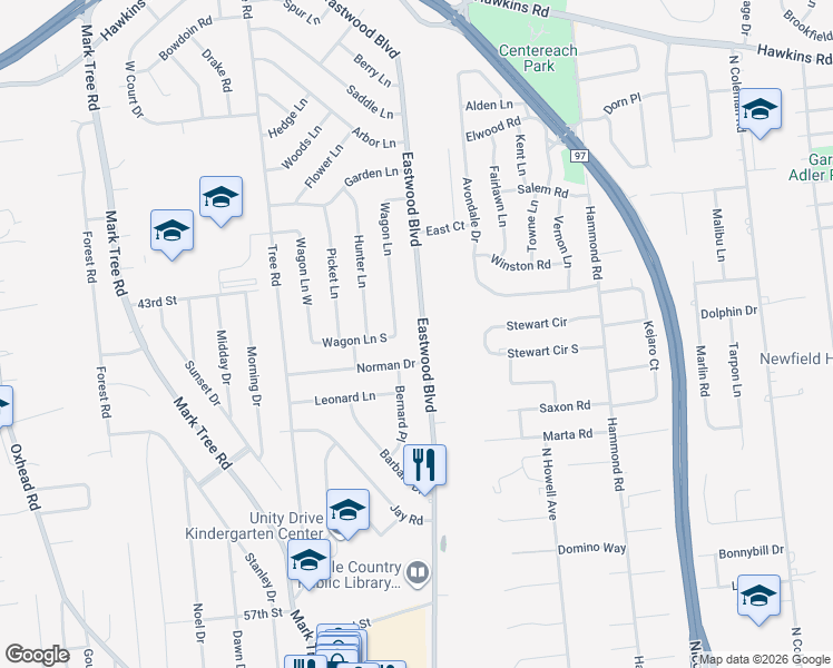 map of restaurants, bars, coffee shops, grocery stores, and more near 239 Eastwood Boulevard in Centereach