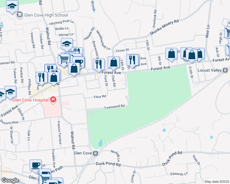 map of restaurants, bars, coffee shops, grocery stores, and more near 42 Titus Road in Glen Cove