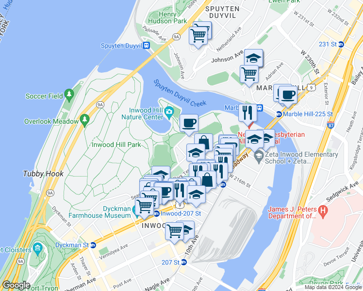 map of restaurants, bars, coffee shops, grocery stores, and more near 583 West 215th Street in New York