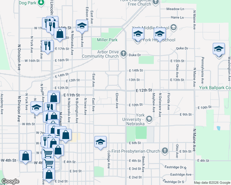 map of restaurants, bars, coffee shops, grocery stores, and more near 1035 Elmer Avenue in York