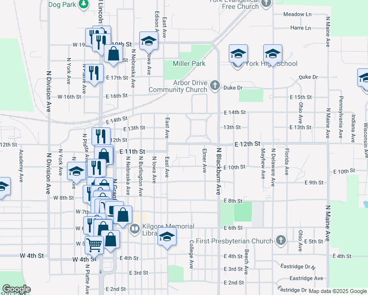map of restaurants, bars, coffee shops, grocery stores, and more near 638 East 12th Street in York