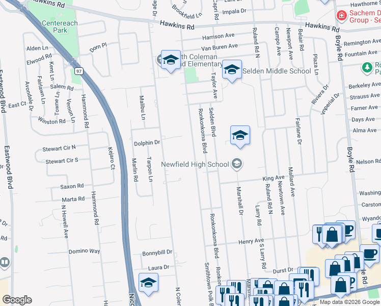 map of restaurants, bars, coffee shops, grocery stores, and more near 134 Smithtown Polk Boulevard in Centereach