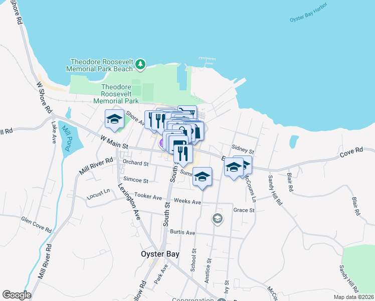 map of restaurants, bars, coffee shops, grocery stores, and more near in Oyster Bay