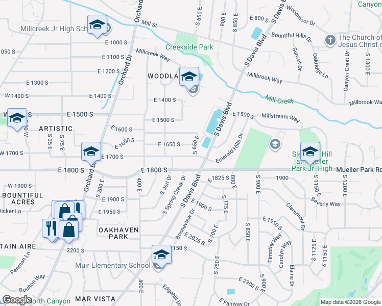 map of restaurants, bars, coffee shops, grocery stores, and more near 631 East 1700 South in Bountiful