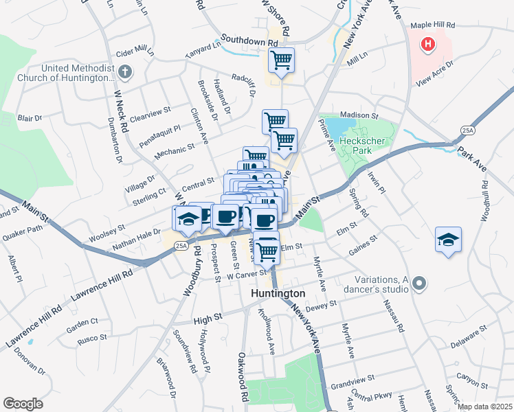 map of restaurants, bars, coffee shops, grocery stores, and more near 40 Gerard Street in Huntington