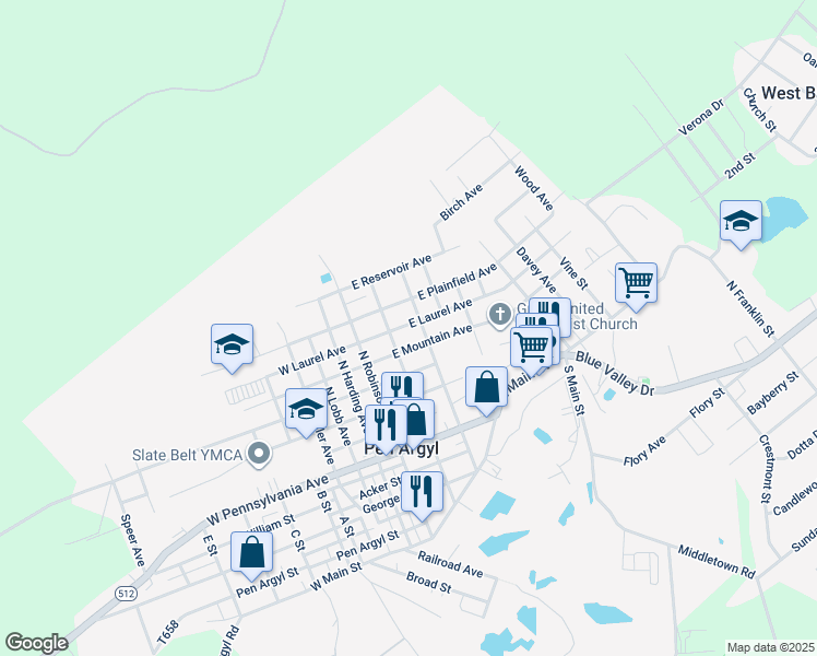 map of restaurants, bars, coffee shops, grocery stores, and more near 118 East Laurel Avenue in Pen Argyl