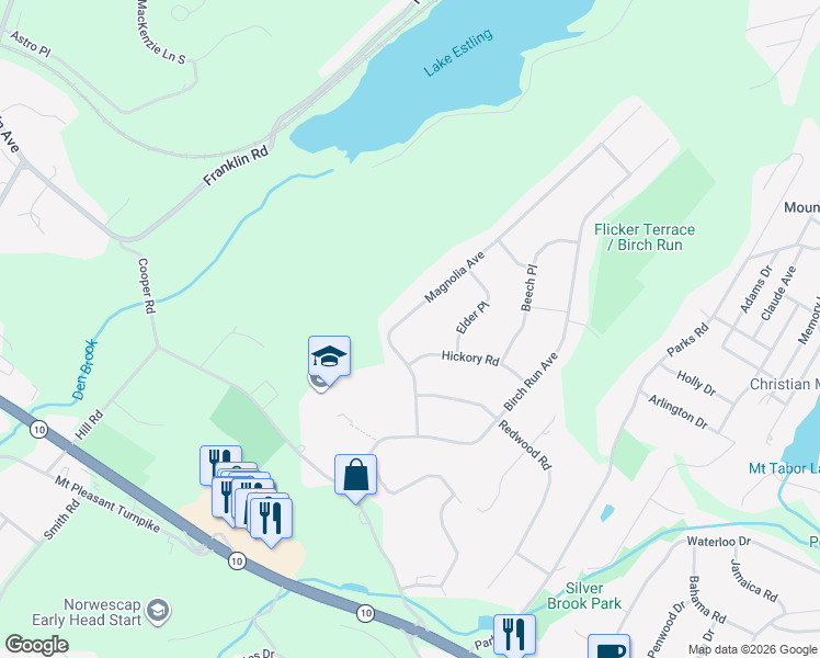 map of restaurants, bars, coffee shops, grocery stores, and more near 12 Magnolia Avenue in Denville