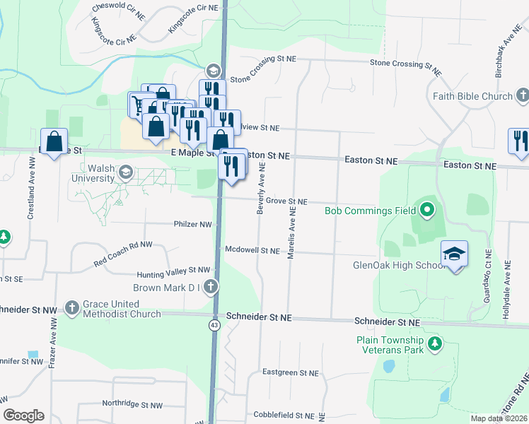 map of restaurants, bars, coffee shops, grocery stores, and more near 904 Grove Street Northeast in North Canton