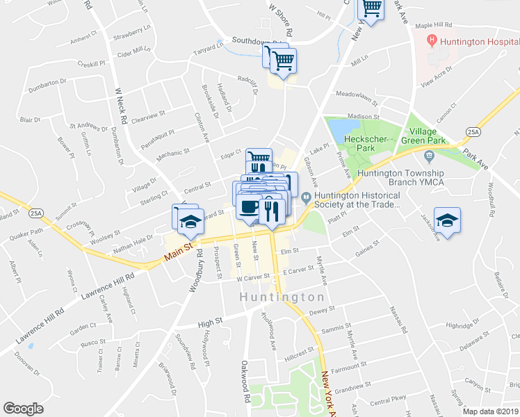 map of restaurants, bars, coffee shops, grocery stores, and more near 42 Gerard Street in Huntington