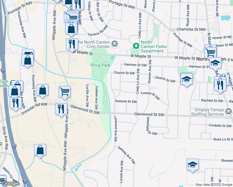 map of restaurants, bars, coffee shops, grocery stores, and more near 505 Middlesworth Avenue Southwest in North Canton
