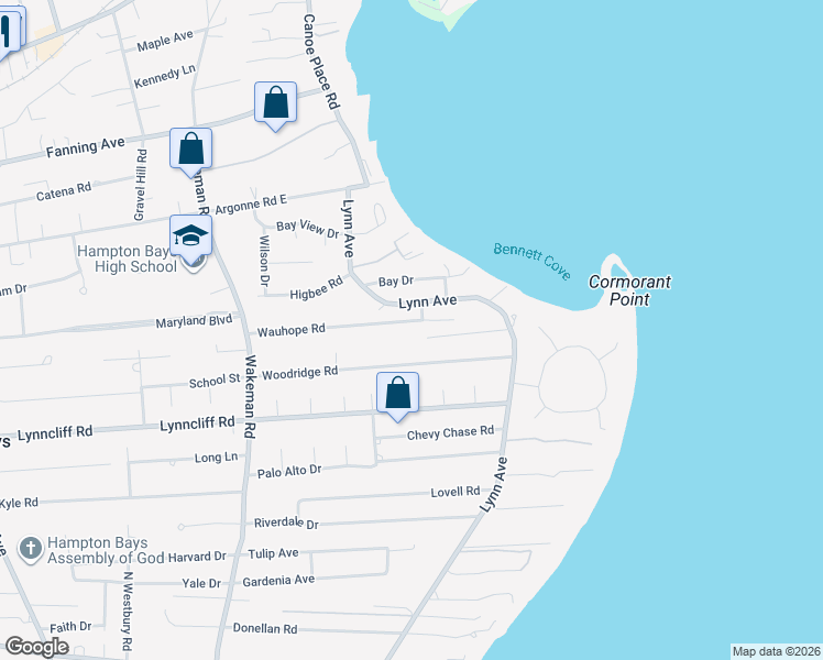 map of restaurants, bars, coffee shops, grocery stores, and more near 42 Wauhope Road in Hampton Bays