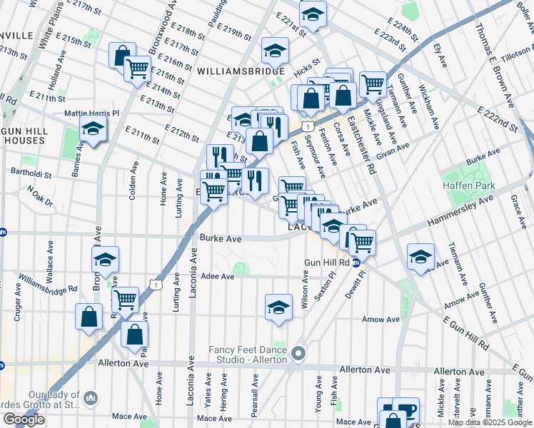 map of restaurants, bars, coffee shops, grocery stores, and more near 3229 Throop Avenue in The Bronx