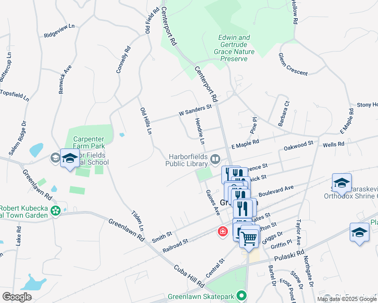 map of restaurants, bars, coffee shops, grocery stores, and more near 19 West Maple Road in Greenlawn