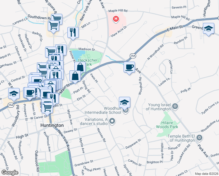 map of restaurants, bars, coffee shops, grocery stores, and more near 99 Bouton Place in Huntington