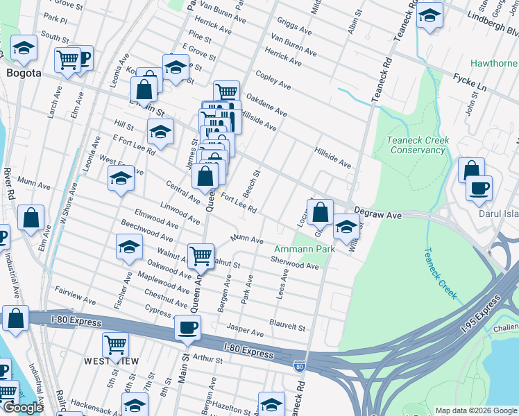 map of restaurants, bars, coffee shops, grocery stores, and more near 187 Fort Lee Road in Teaneck