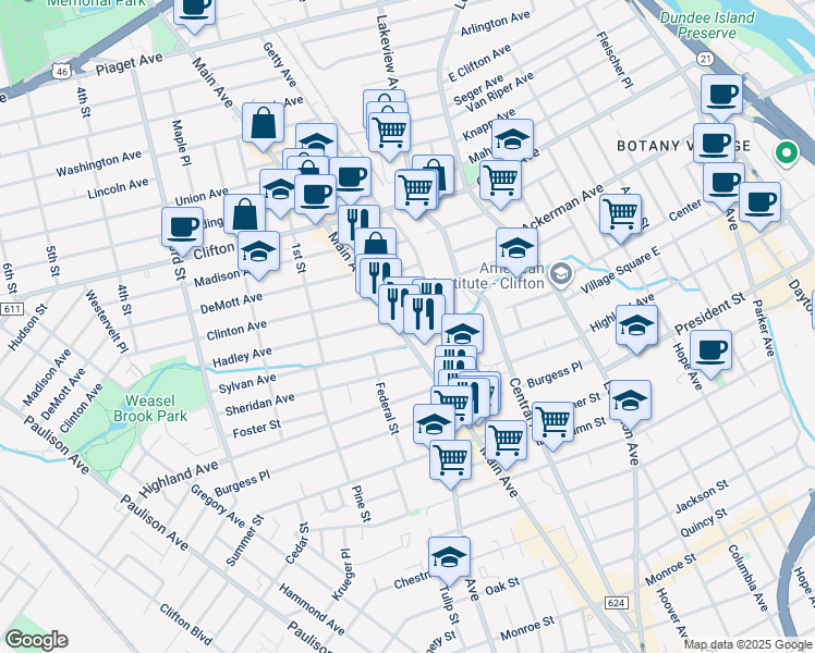 map of restaurants, bars, coffee shops, grocery stores, and more near 1026a Main Avenue in Clifton