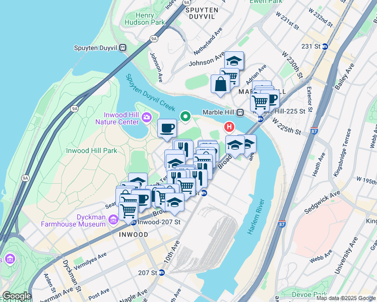 map of restaurants, bars, coffee shops, grocery stores, and more near 513 West 218th Street in New York
