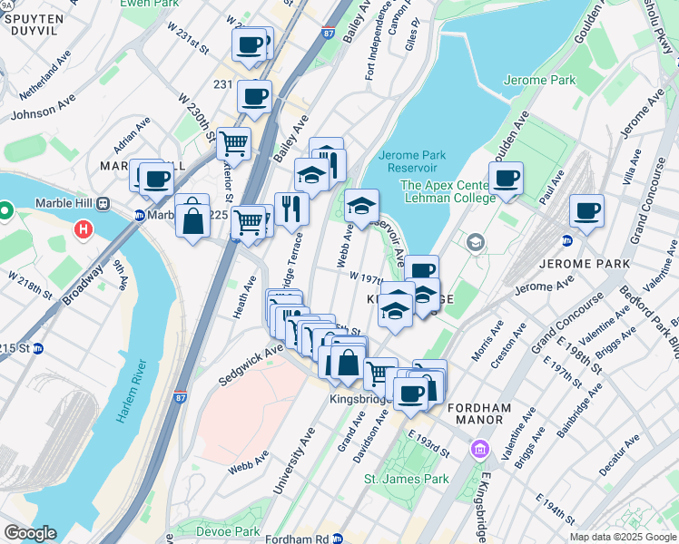 map of restaurants, bars, coffee shops, grocery stores, and more near Webb Ave & W 197th St in Bronx