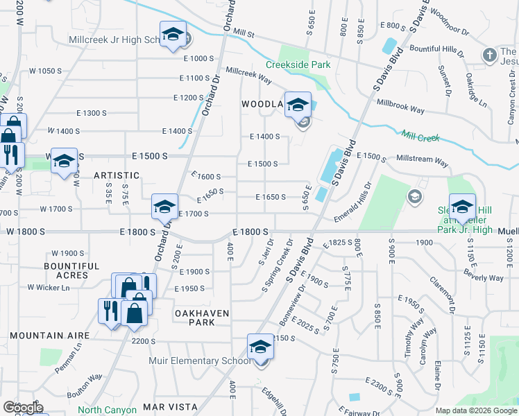 map of restaurants, bars, coffee shops, grocery stores, and more near 434 East 1700 South in Bountiful