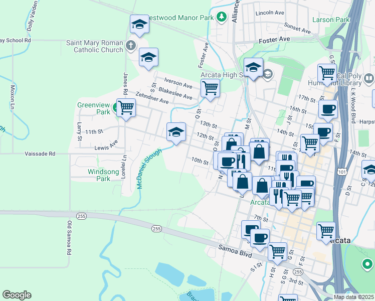 map of restaurants, bars, coffee shops, grocery stores, and more near in Arcata
