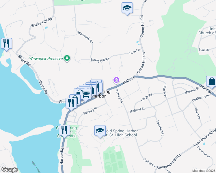 map of restaurants, bars, coffee shops, grocery stores, and more near 196 New York 25A in Cold Spring Harbor