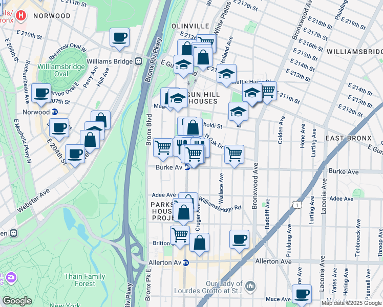 map of restaurants, bars, coffee shops, grocery stores, and more near 3225 White Plains Road in Bronx