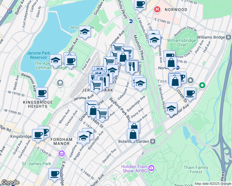 map of restaurants, bars, coffee shops, grocery stores, and more near 211 Bedford Park Boulevard in Bronx