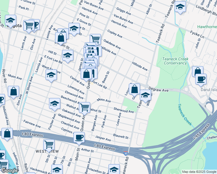 map of restaurants, bars, coffee shops, grocery stores, and more near 187 Fort Lee Road in Teaneck