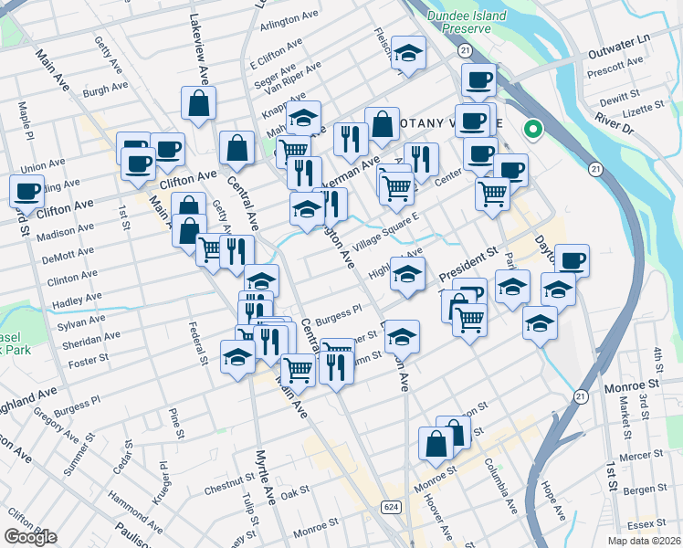 map of restaurants, bars, coffee shops, grocery stores, and more near 297 Lexington Avenue in Passaic