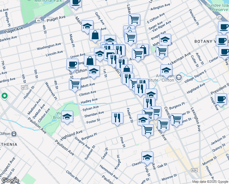 map of restaurants, bars, coffee shops, grocery stores, and more near 81 Hadley Avenue in Clifton