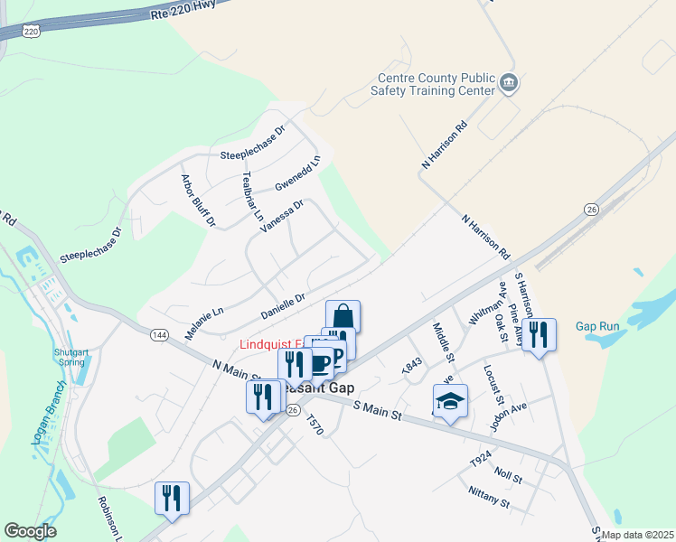 map of restaurants, bars, coffee shops, grocery stores, and more near 214 Danielle Drive in Bellefonte