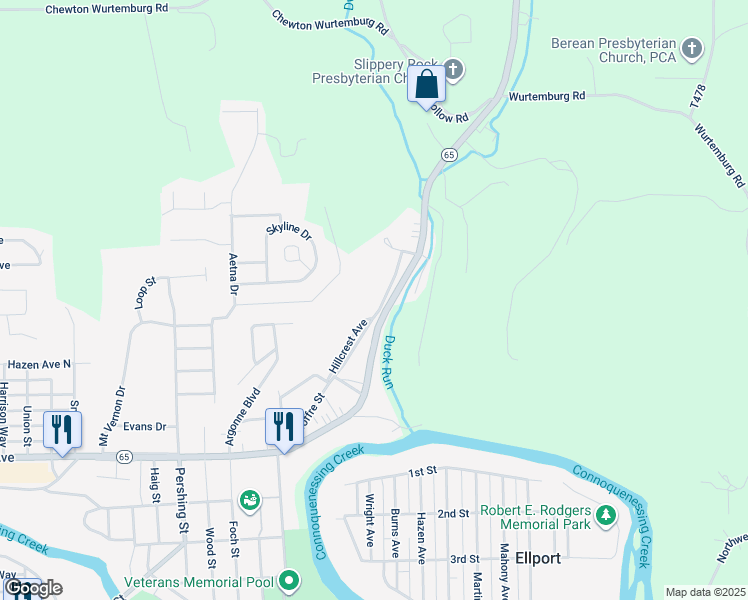 map of restaurants, bars, coffee shops, grocery stores, and more near 1044 Woodside Avenue in Ellwood City
