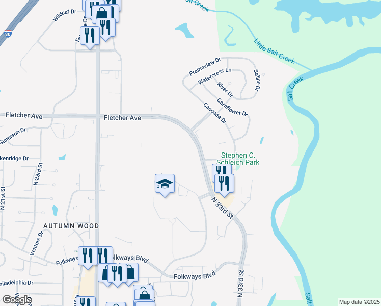 map of restaurants, bars, coffee shops, grocery stores, and more near 3201 Fletcher Avenue in Lincoln