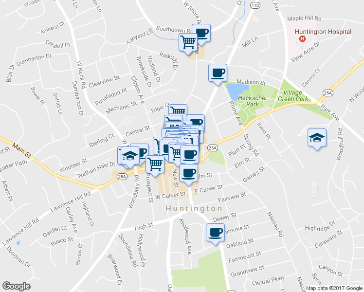 map of restaurants, bars, coffee shops, grocery stores, and more near 311 New York Avenue in Huntington