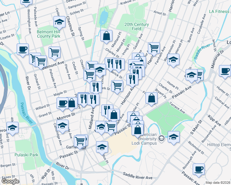 map of restaurants, bars, coffee shops, grocery stores, and more near 32 Malcolm Avenue in Garfield