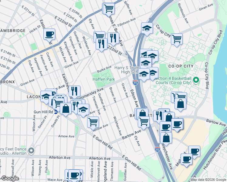 map of restaurants, bars, coffee shops, grocery stores, and more near 3030 Bruner Avenue in Bronx