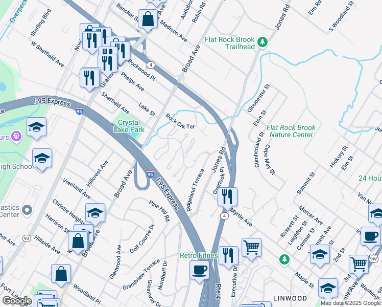 map of restaurants, bars, coffee shops, grocery stores, and more near 19 Squire Court in Englewood