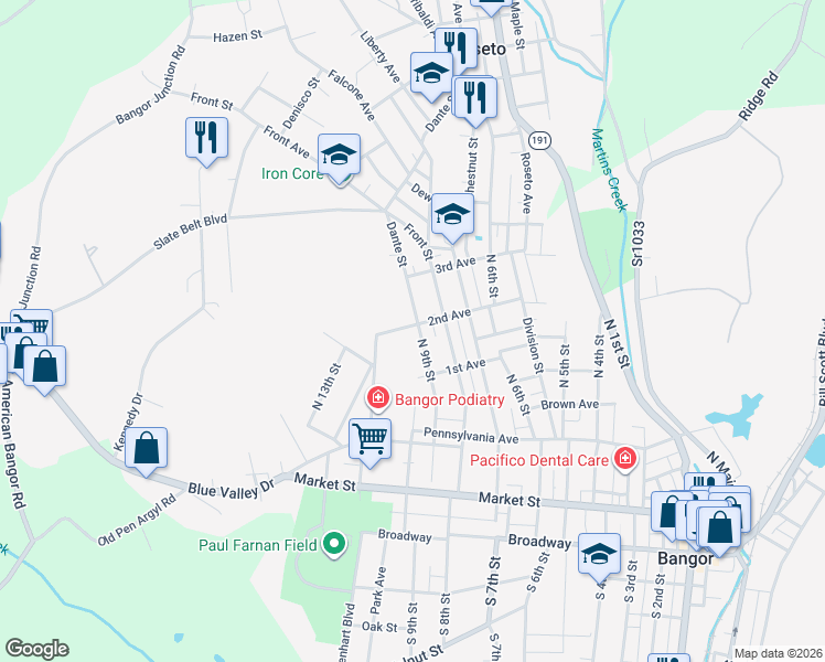 map of restaurants, bars, coffee shops, grocery stores, and more near 908 2nd Avenue in Bangor