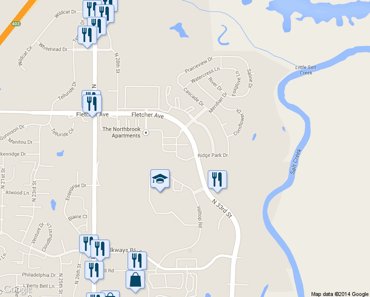 map of restaurants, bars, coffee shops, grocery stores, and more near 3201 Fletcher Avenue in Lincoln