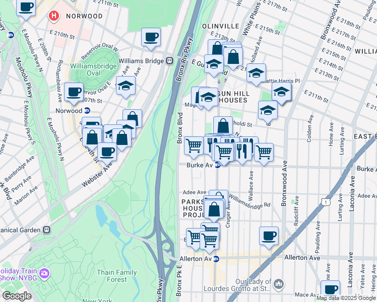 map of restaurants, bars, coffee shops, grocery stores, and more near 3218 Barker Avenue in Bronx