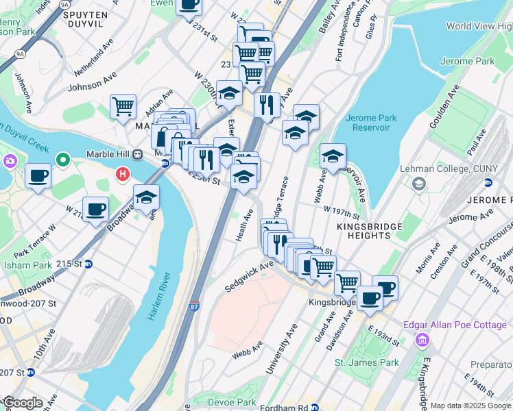 map of restaurants, bars, coffee shops, grocery stores, and more near 2724 Heath Avenue in Bronx