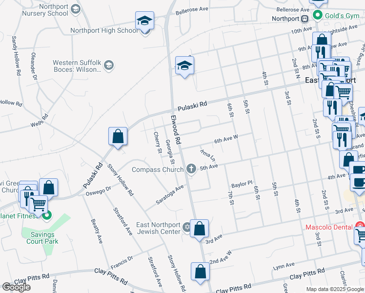 map of restaurants, bars, coffee shops, grocery stores, and more near 634 6th Avenue West in East Northport