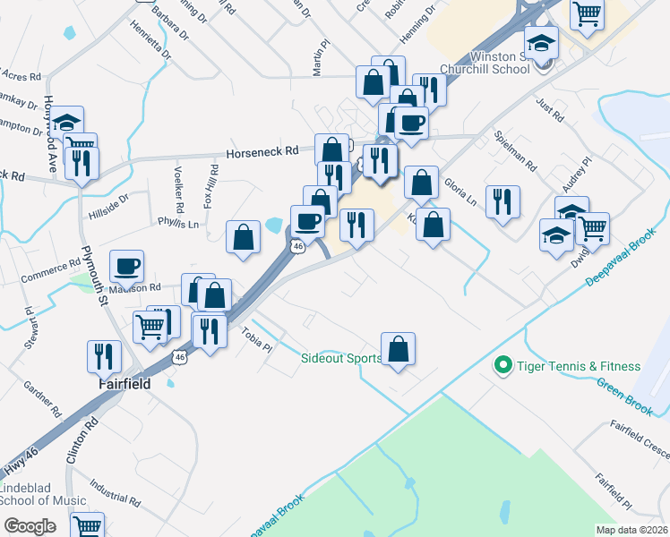 map of restaurants, bars, coffee shops, grocery stores, and more near 10 Plog Road in Fairfield