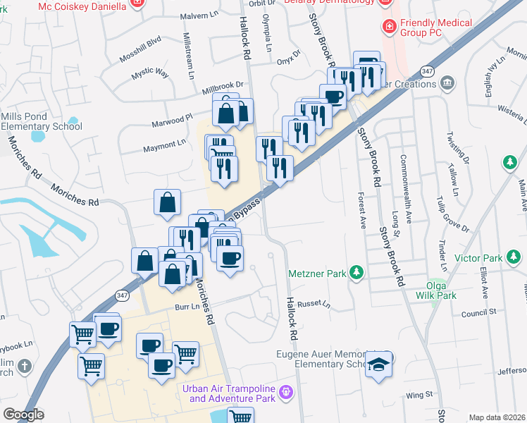 map of restaurants, bars, coffee shops, grocery stores, and more near 184 Hallock Road in Lake Grove