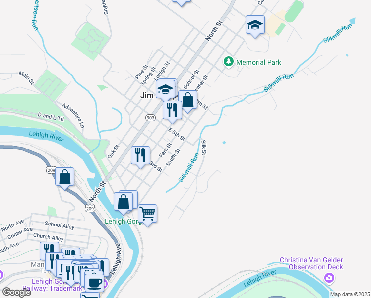 map of restaurants, bars, coffee shops, grocery stores, and more near 422 South Street in Jim Thorpe