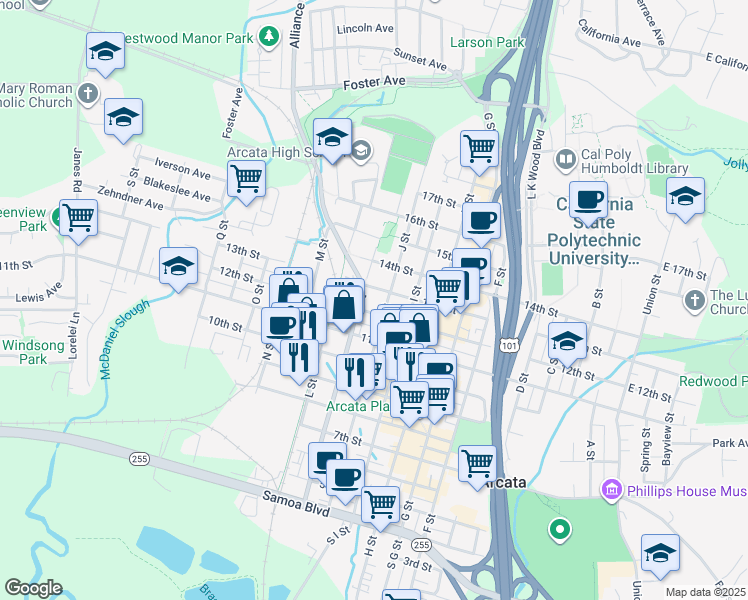 map of restaurants, bars, coffee shops, grocery stores, and more near 1045 12th Street in Arcata